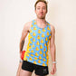 Runner stretching while wearing the ChicknLegs men's rubber ducky singlet.