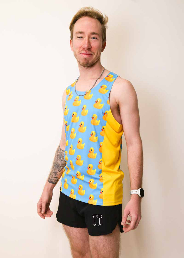 Side view of the men's rubber ducky performance singlet.