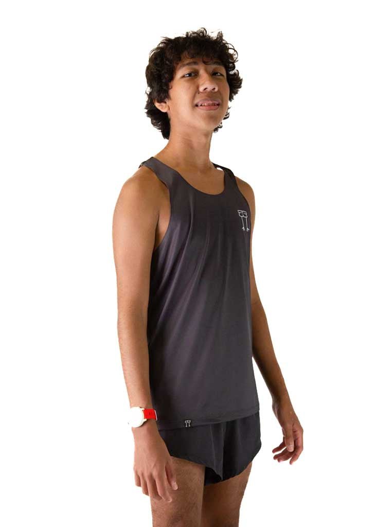 Runner is wearing ChicknLegs in the men's performance singlet in the solid black design.
