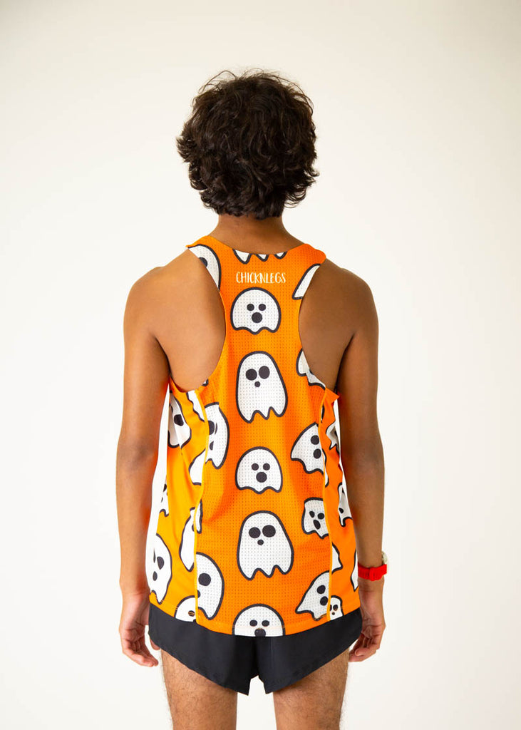 Model is a runner, wearing Chicknlegs in the men's running singlet in the ghost design, facing away from the camera to show the back of the singlet.