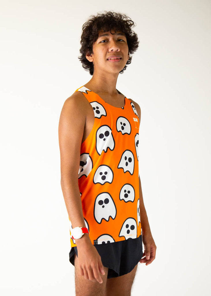 Model is a runner, wearing Chicknlegs in the men's running singlet in the ghost design, facing right.