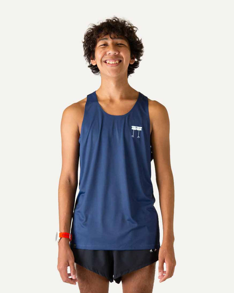 Front view of ChicknLegs Men's Performance Running Singlet in the Navy solid color, made with lightweight fabric, shown in a fitted athletic cut with seamless neck and arm holes for comfort.