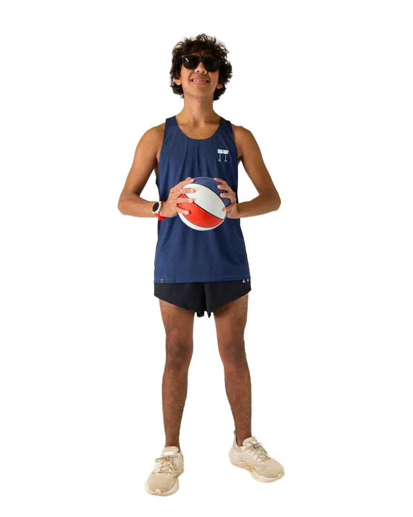 Full body view of model wearing the ChicknLegs Performance Running Singlet, featuring lightweight, breathable construction with mesh back panel and seamless armholes for a comfortable fit. Paired with the men's 2 inch drawstring split running shorts.