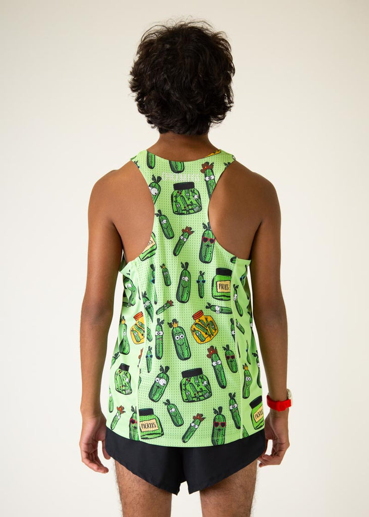 The model is a runner who is wearing Chicknlegs men's running performance singlet in the pickles design, facing away from the camera to show the back of the singlet.