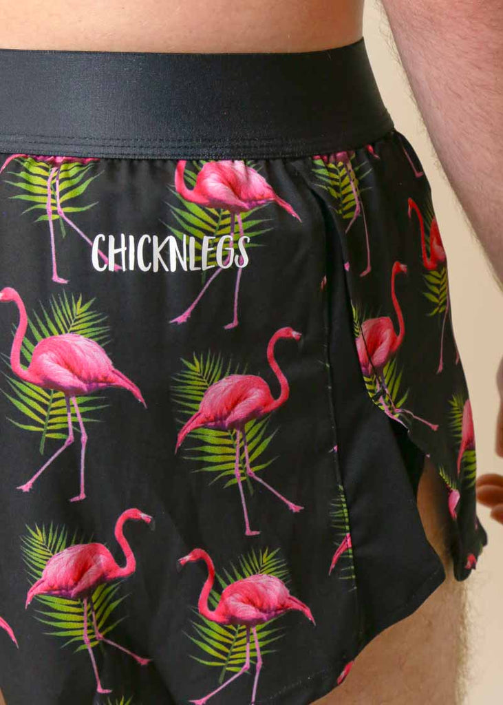 Close up shot of the black flamingo shots made by Chicknlegs to show the back of the shorts and the logo is shown.