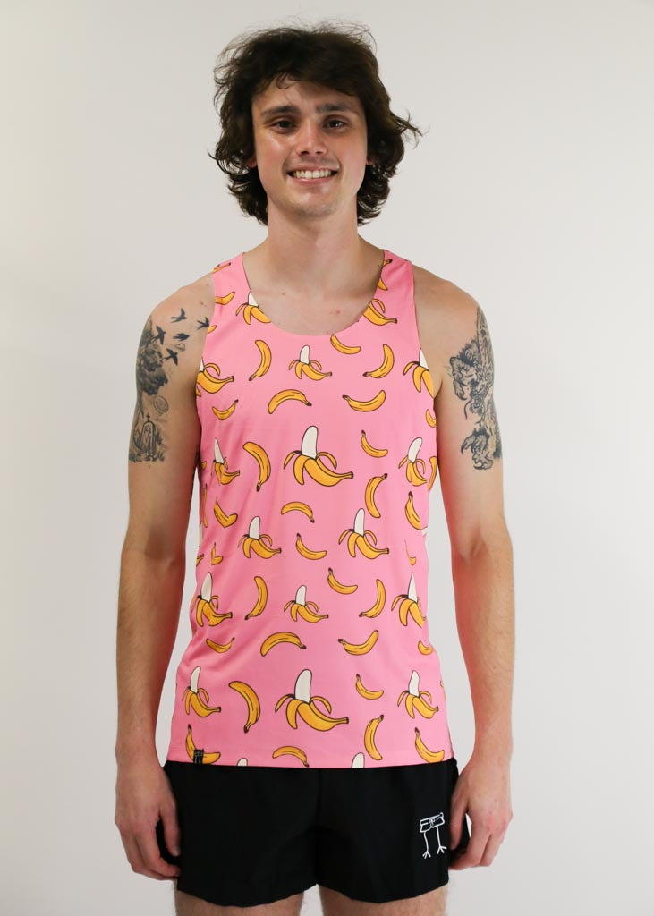 Front view of the men's pink bananas running singlet from ChicknLegs.