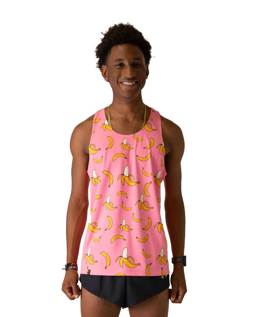 Front view of ChicknLegs of Men's Performance Running Singlet in the Pink Bananas design, made with lightweight fabric, shown in a fitted athletic cut with seamless neck and arm holes for comfort.