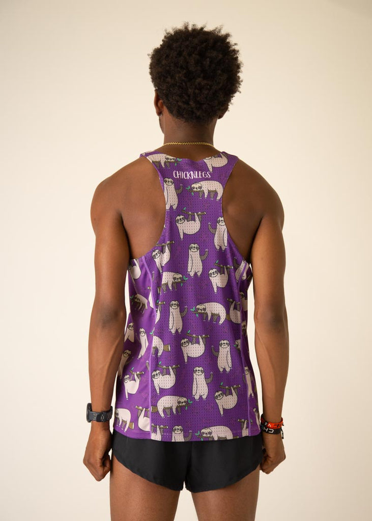 Model is wearing Chicknlegs men's runner singlet in the Sloth design, facing away from the camera to see the back view of the singlet.