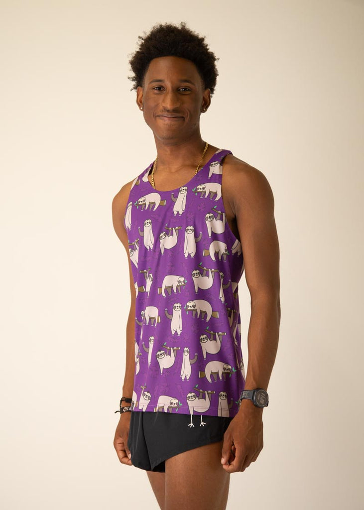 Model is wearing Chicknlegs men's runner singlet in the Sloth design, facing left.
