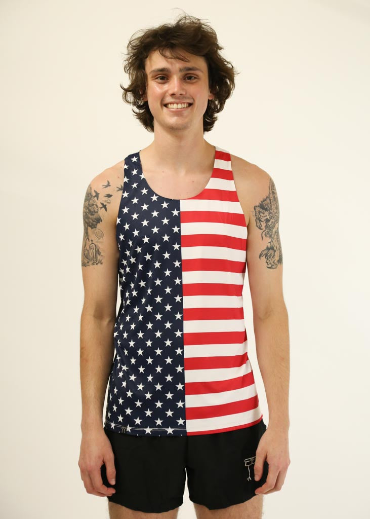 Front view of the men's USA performance running singlet from ChicknLegs.