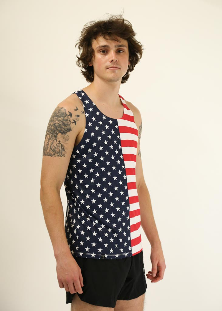 Side view of the men's USA running singlet from ChicknLegs.