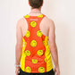 Back view of the men's performance running singlet from ChicknLegs in a smiley face design.