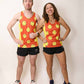 Runners wearing the men's and women's smiley face performance singlets from ChicknLegs.