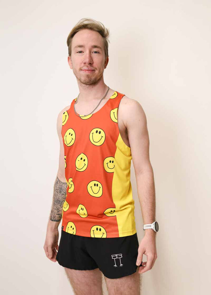 Side view of the ChicknLegs men's smiley running singlet.