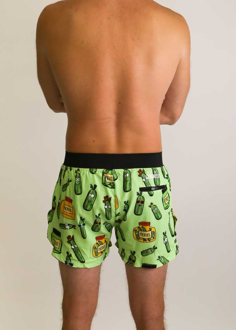 Back view of the men's 4 inch pickle running shorts showcasing the deep zipper pocket.