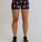 Closeup view of the women's 3 inch flamingo compression shorts.