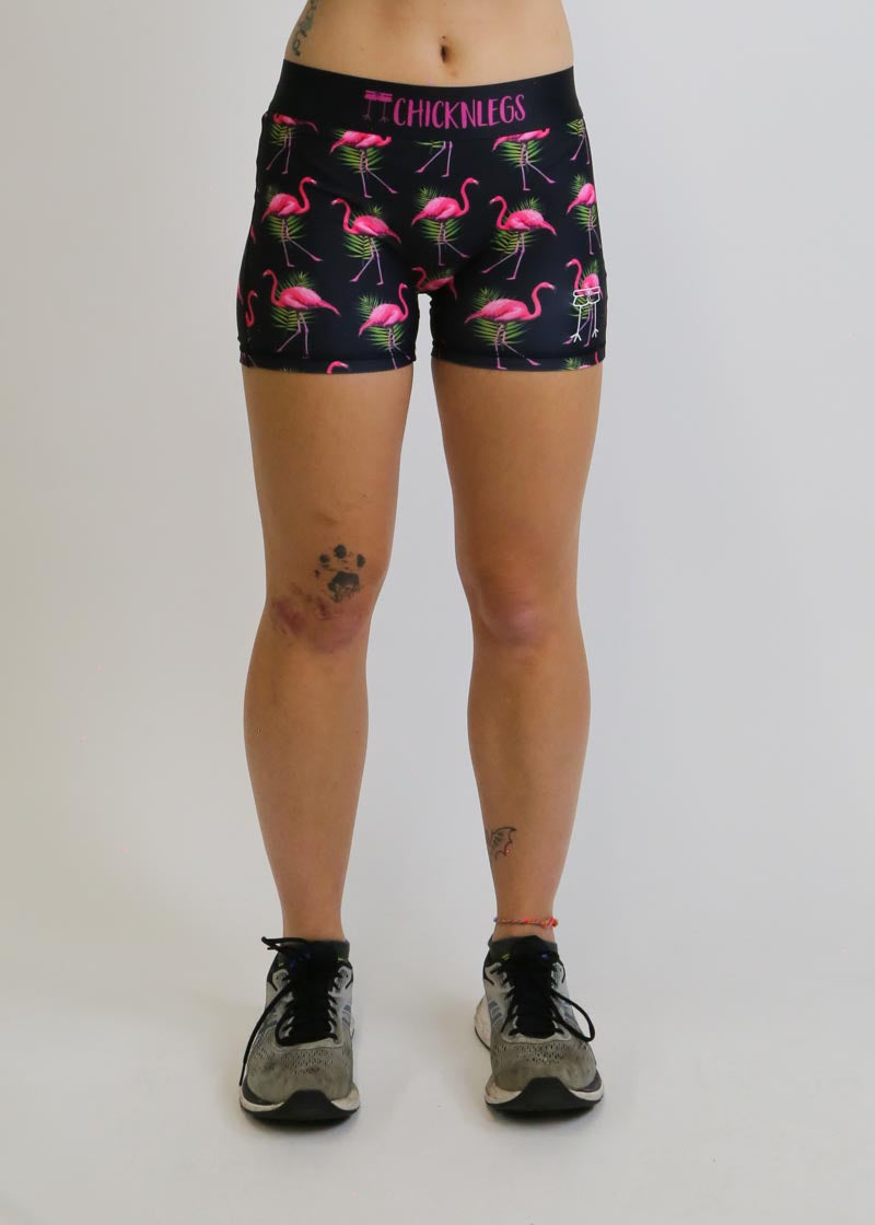 Closeup view of the women's 3 inch flamingo compression shorts.