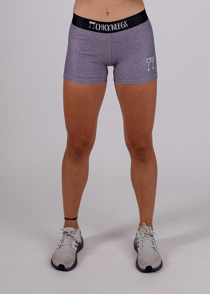 Front closeup view of the ChicknLegs women's heather grey 3 inch compression shorts.