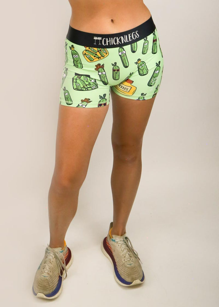 Front closeup view of the women's 3 inch pickle compression running shorts from ChicknLegs.