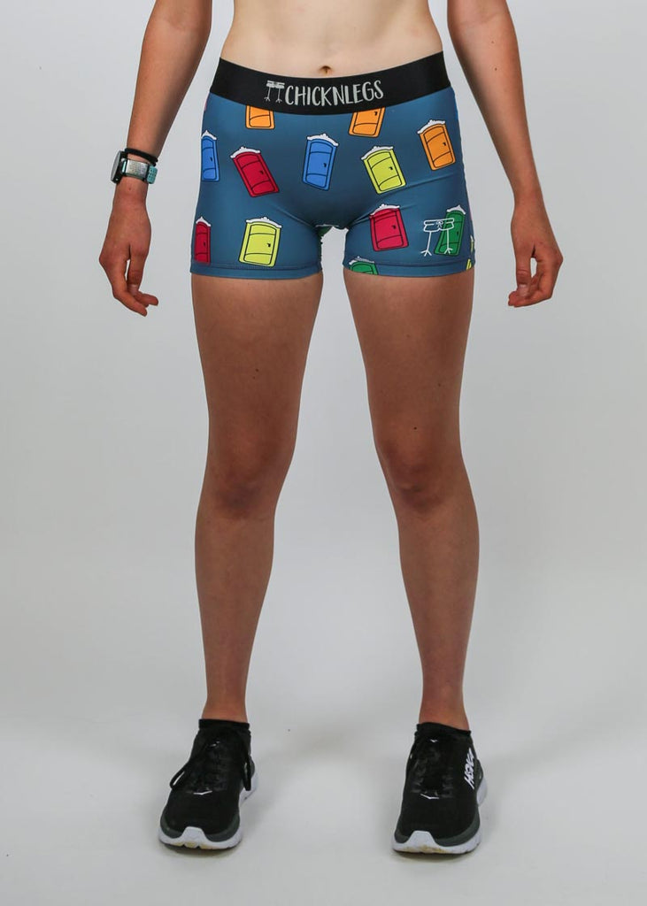 Closeup front view of the porta-potty 3 inch compression shorts.