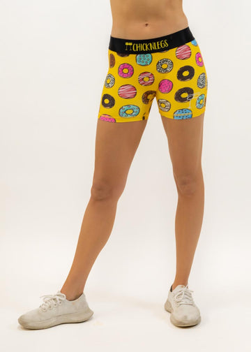 Front closeup view of the women's 3 inch donuts compression running shorts from ChicknLegs.