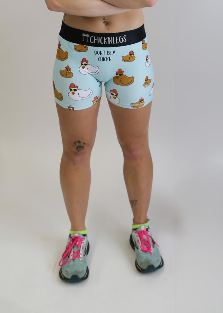 Front closeup view of the women's swaggy chickns 3 inch compression running shorts from ChicknLegs.