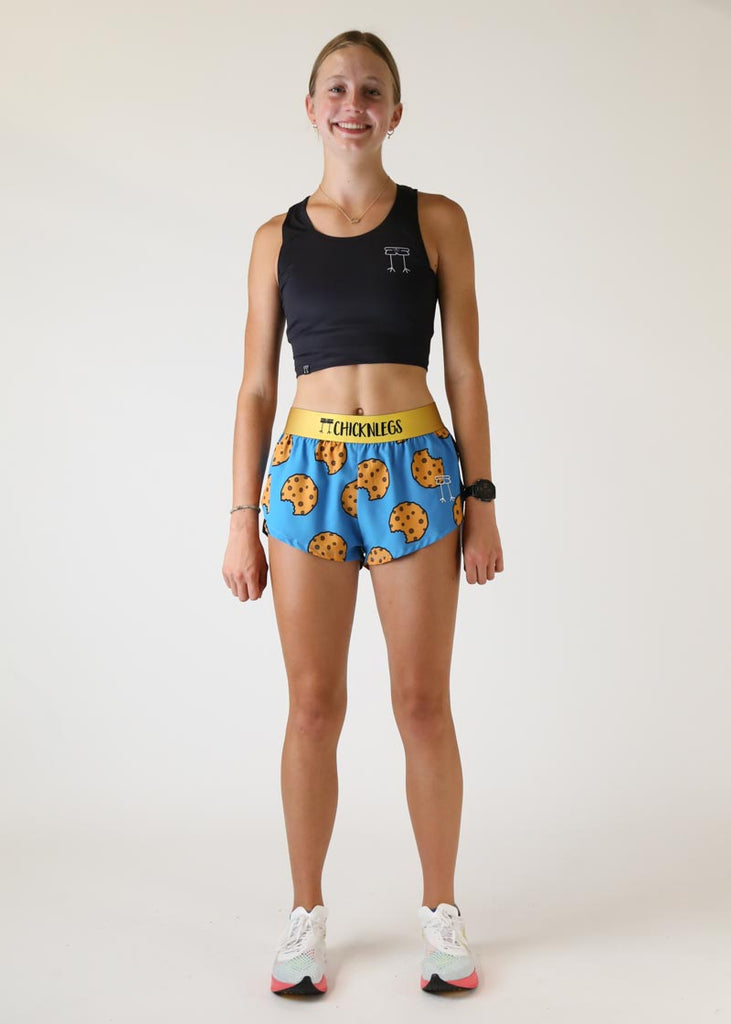 Model wearing women's 1.5 split running shorts wearing cookie design full body view