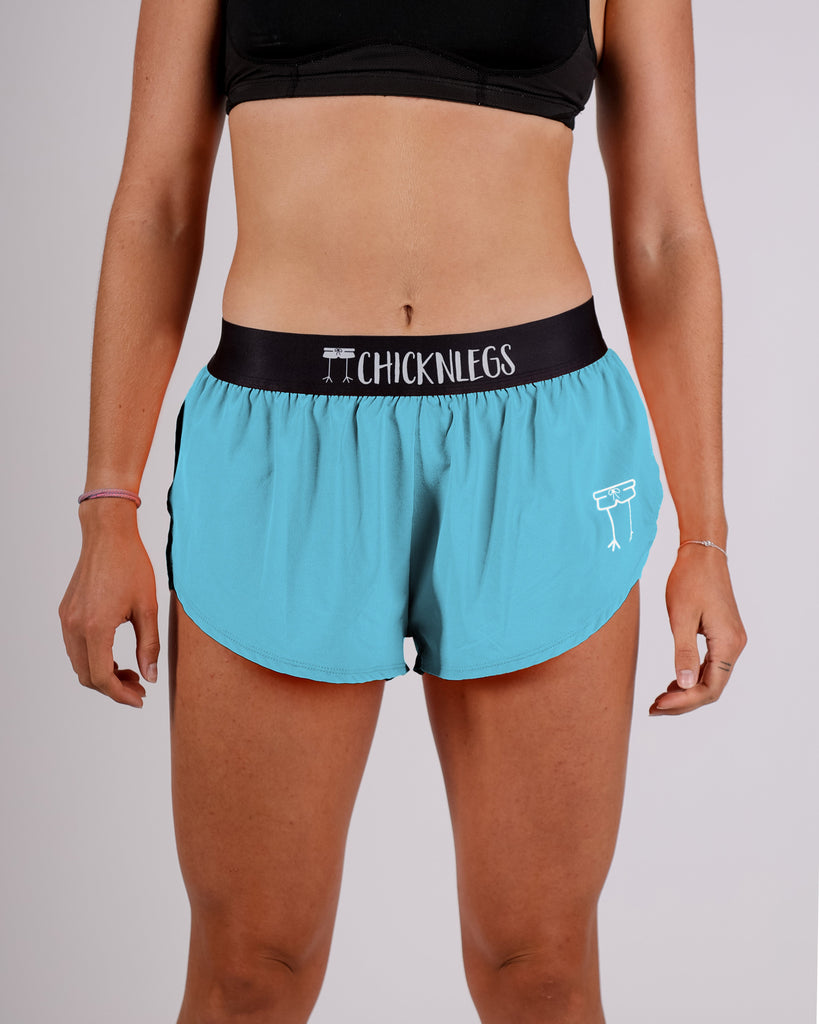 Front view womens 1.5 inch sky blue split running shorts