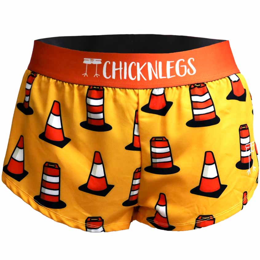 ChicknLegs women's 1.5 inch traffic cone running shorts.
