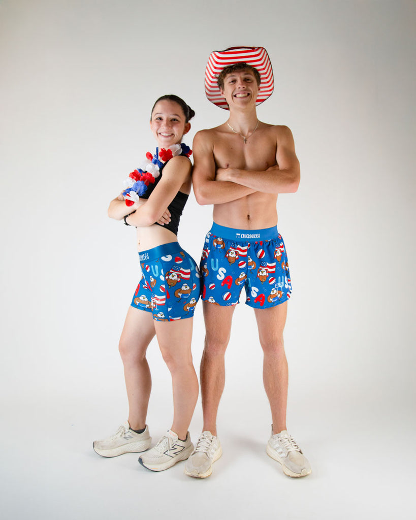 Runners are wearing the women's 3 in compression spandex shorts, and the men's 4 in split running short in the USA Pool party design. Great for running, workouts, weight lifting, long distance, track and field, swimming, and more!