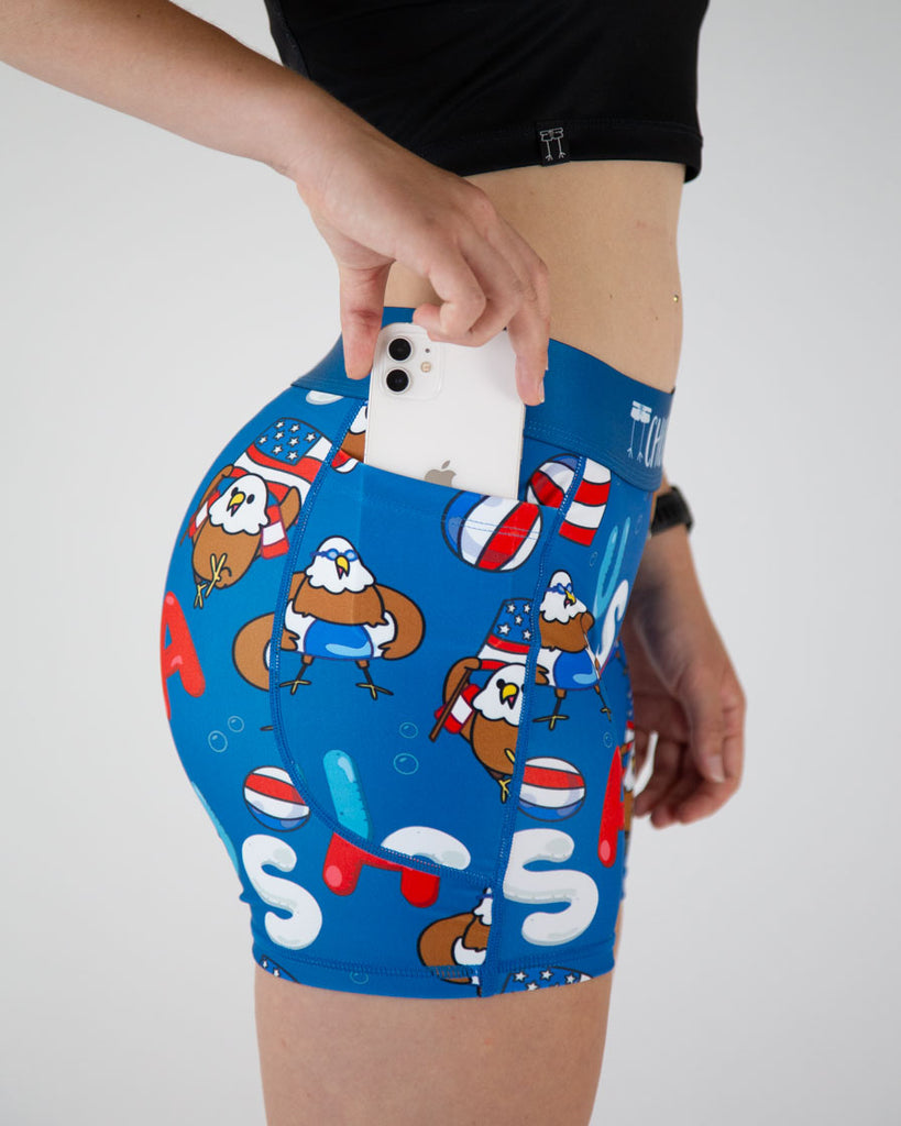 Close up image is shown of the side pockets from the USA Pool party design in the women's 3 in compression spandex shorts made by ChicknLegs.