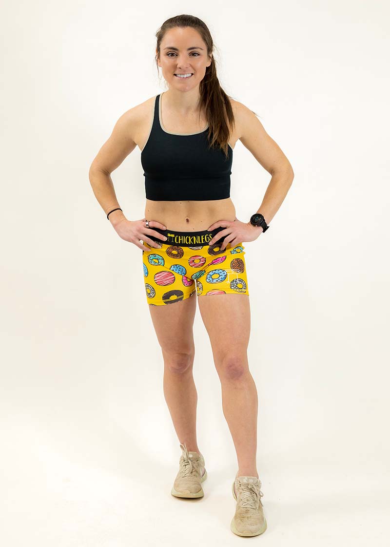 Full body shot of the women's 3 inch donut compression running shorts from ChicknLegs.
