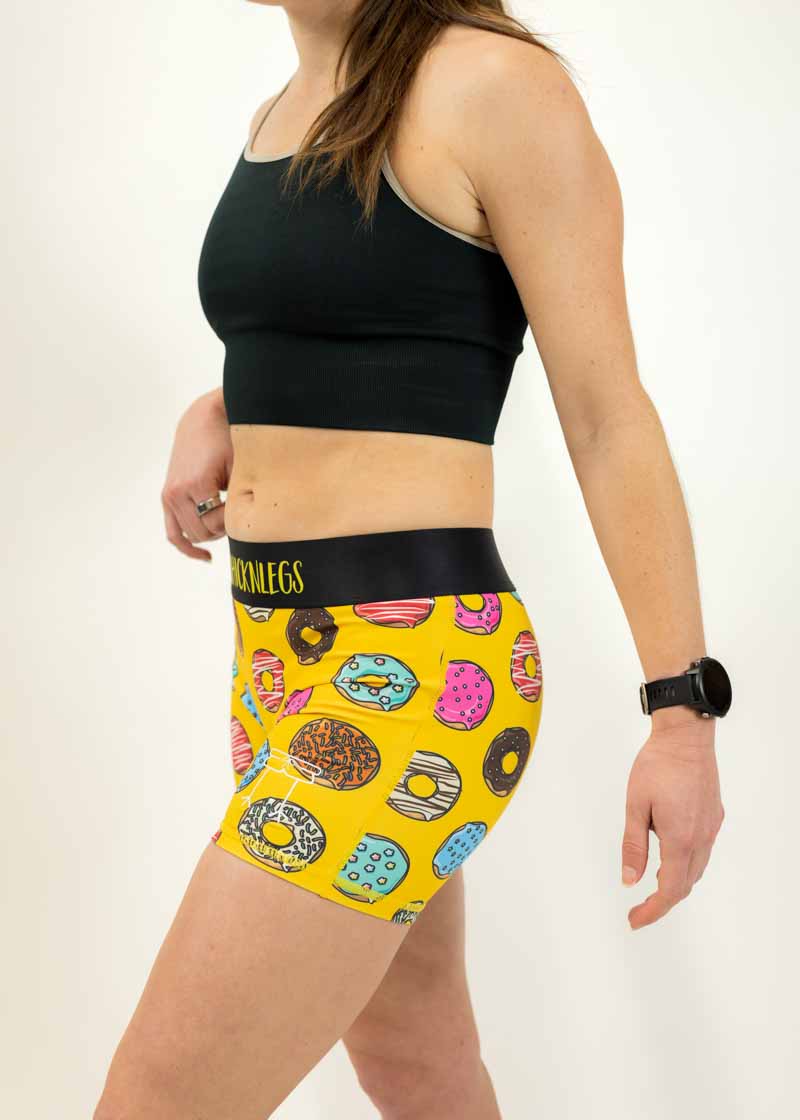 Left side view of the women's 3 inch donuts compression shorts from ChicknLegs.