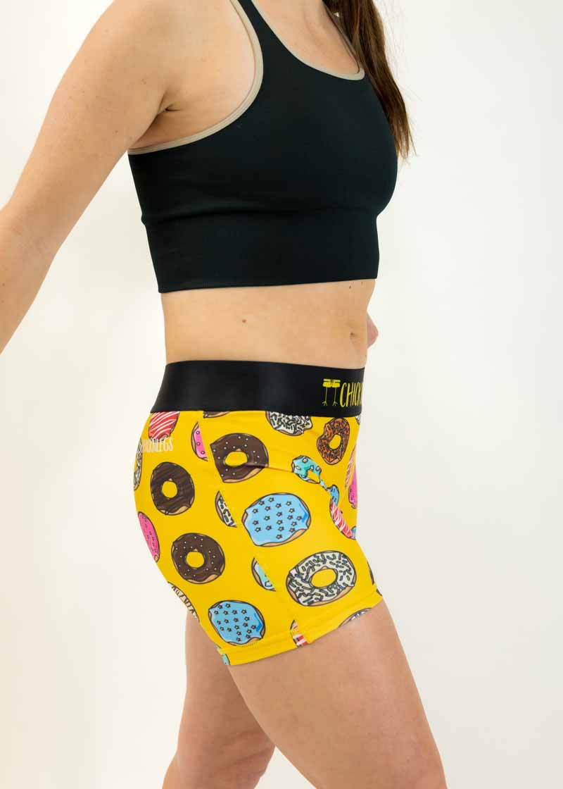 Right side view of the women's 3 inch donuts compression shorts from ChicknLegs.