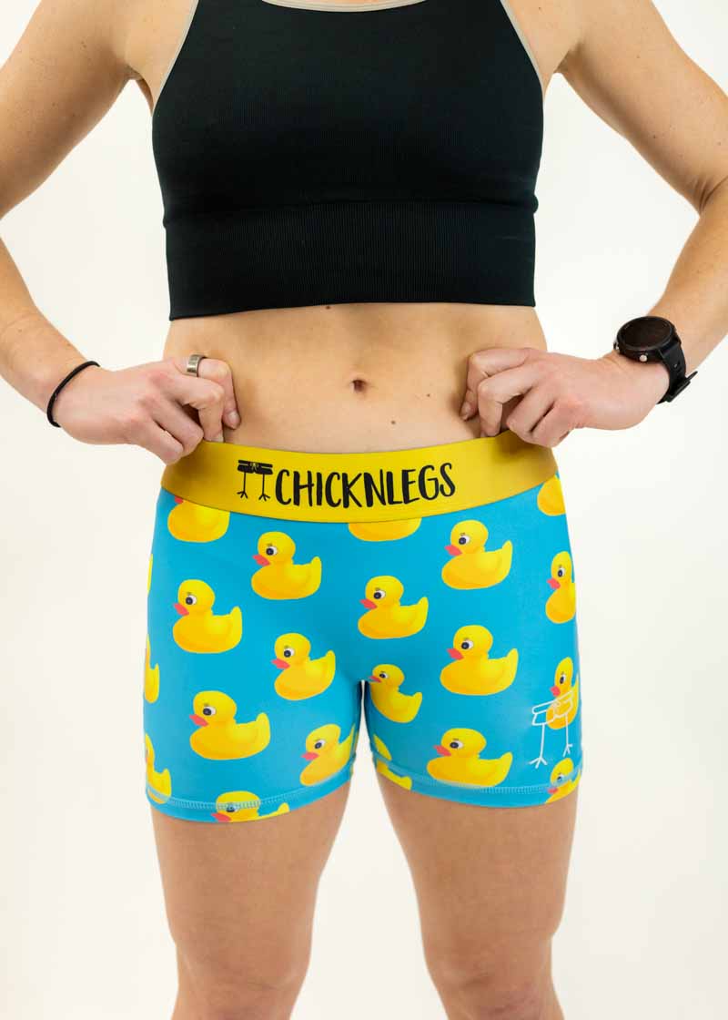 Front view of the women's rubber ducky 3" compression running short from ChicknLegs.