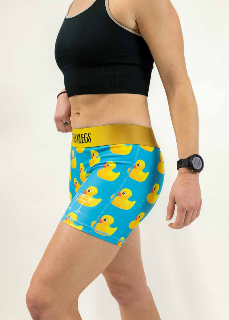 Left side view of the women's rubber ducky 3" compression running shorts.
