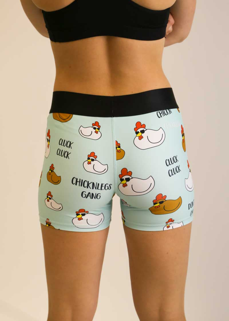 Back view of the women's 3 inch compression running shorts with a chicken design.