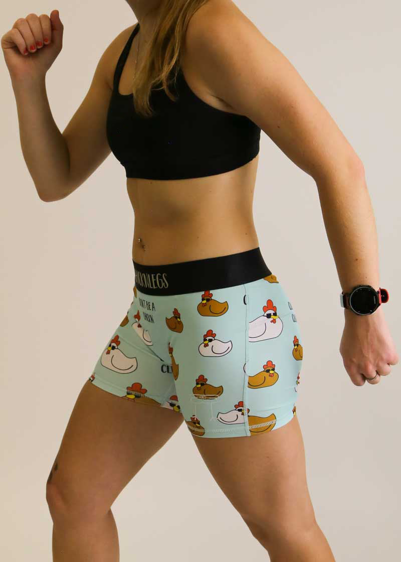 Side view of the women's 3 inch swaggy chickens compression shorts.