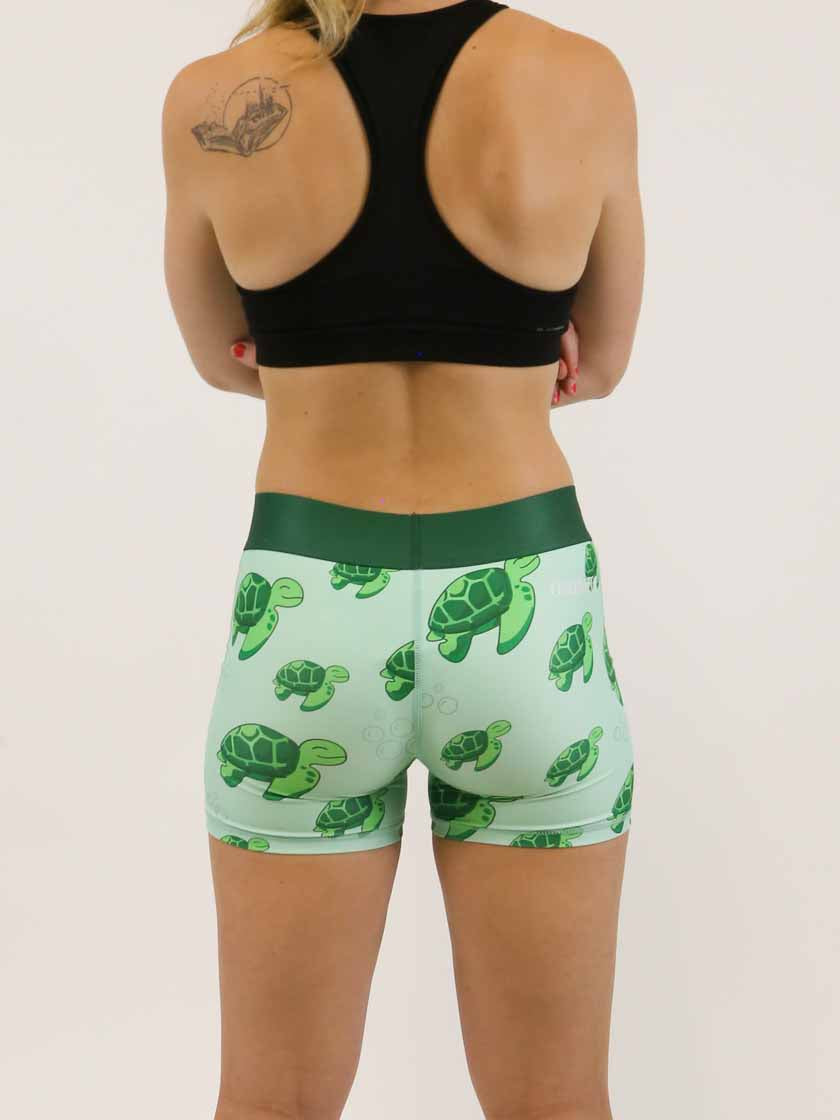 Back view of the women's 3 inch sea turtles compression running shorts.