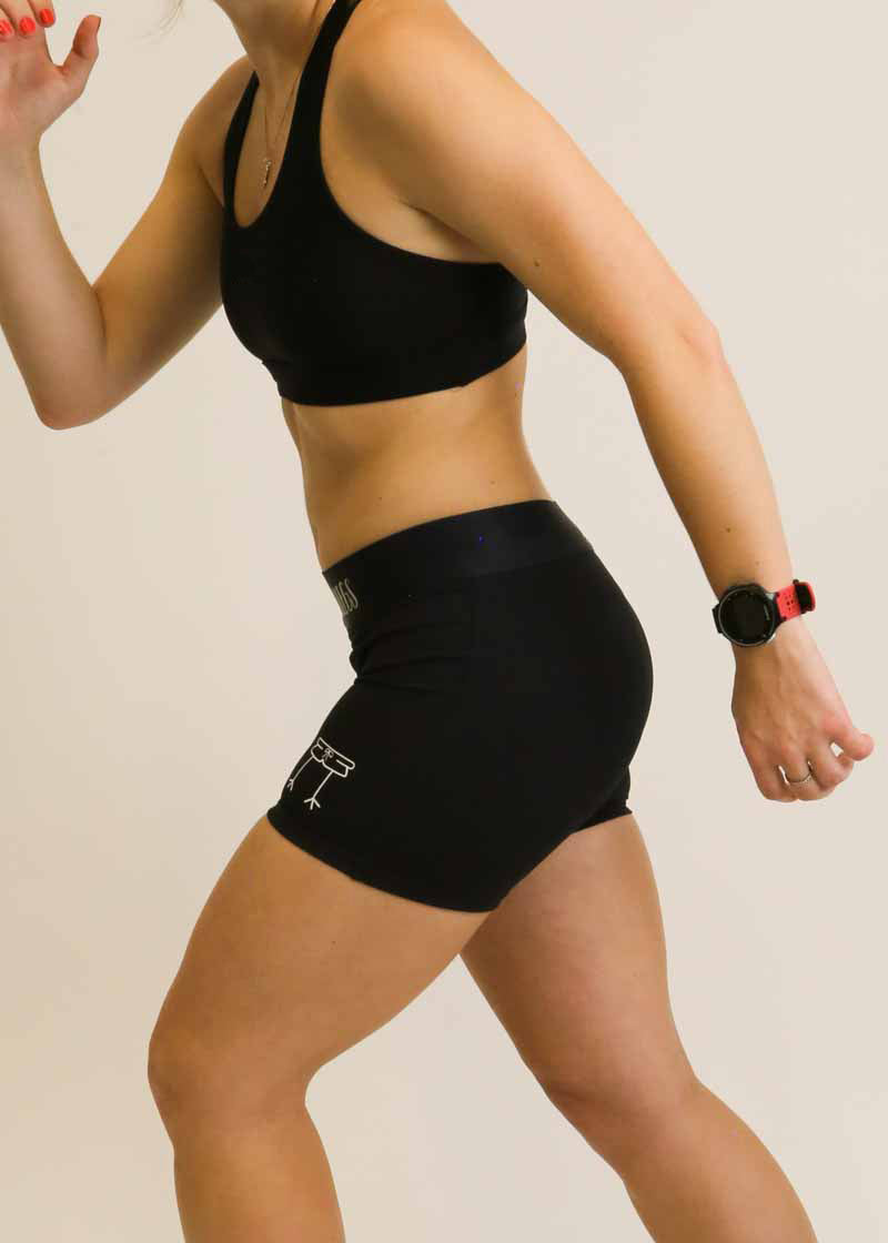 Left side view of runner wearing the women's 3 inch black compression shorts from ChicknLegs.
