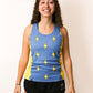 Front view of the women's blue bolts performance singlet from ChicknLegs.