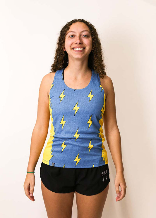 Front view of the women's blue bolts performance singlet from ChicknLegs.