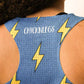 Closeup view of the back mesh paneling of our women's blue bolts performance singlet.