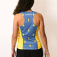 Back view of the women's performance running singlet in our blue bolts design.