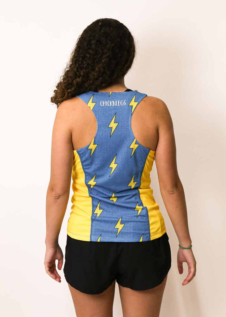 Back view of the women's performance running singlet in our blue bolts design.