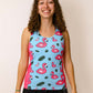Front view of the women's blue flamingo running singlet from ChicknLegs.