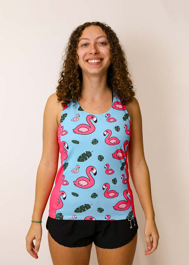 Front view of the women's blue flamingo running singlet from ChicknLegs.