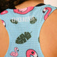 Closeup view of the women's blue flamingo singlet with our perforated mesh paneling for breathability.