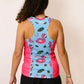 Back view of the women's running singlet with our blue flamingo design.