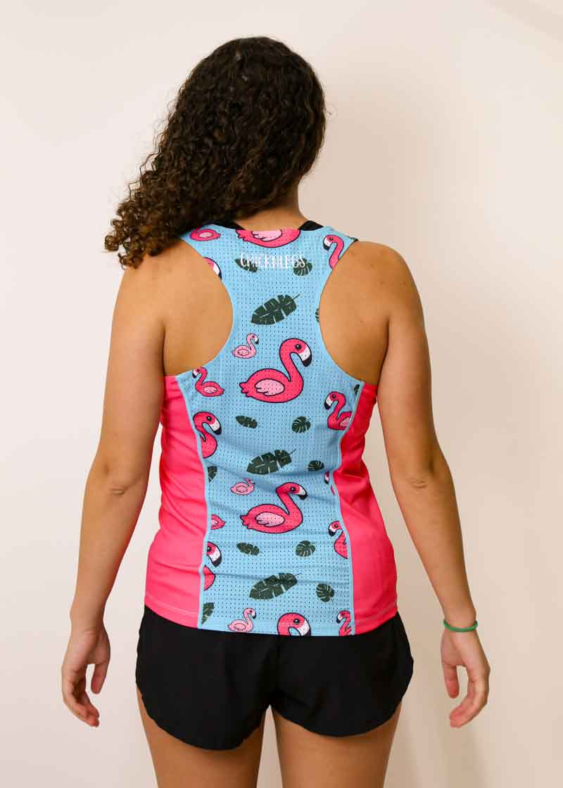 Back view of the women's running singlet with our blue flamingo design.
